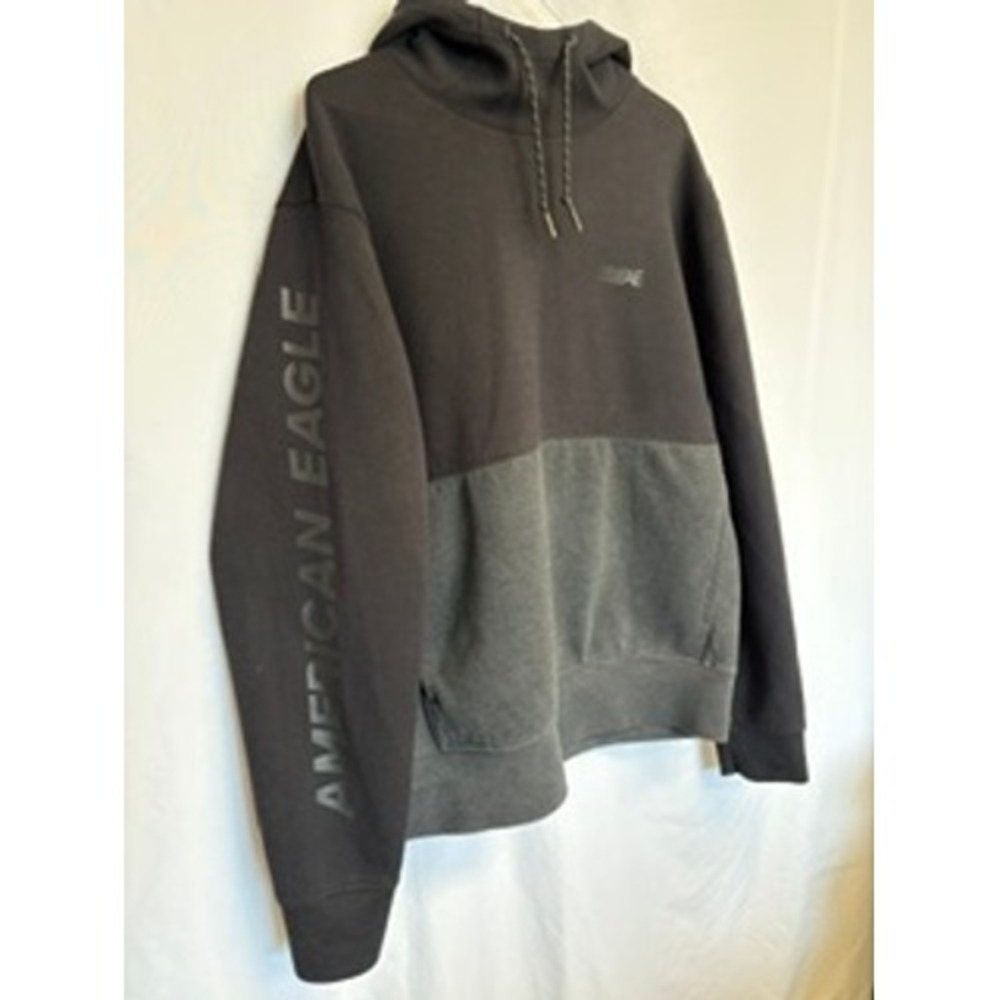 American Eagle Mens Colorblock Hoodie Black Grey Sleeve Logo Sweatshirt